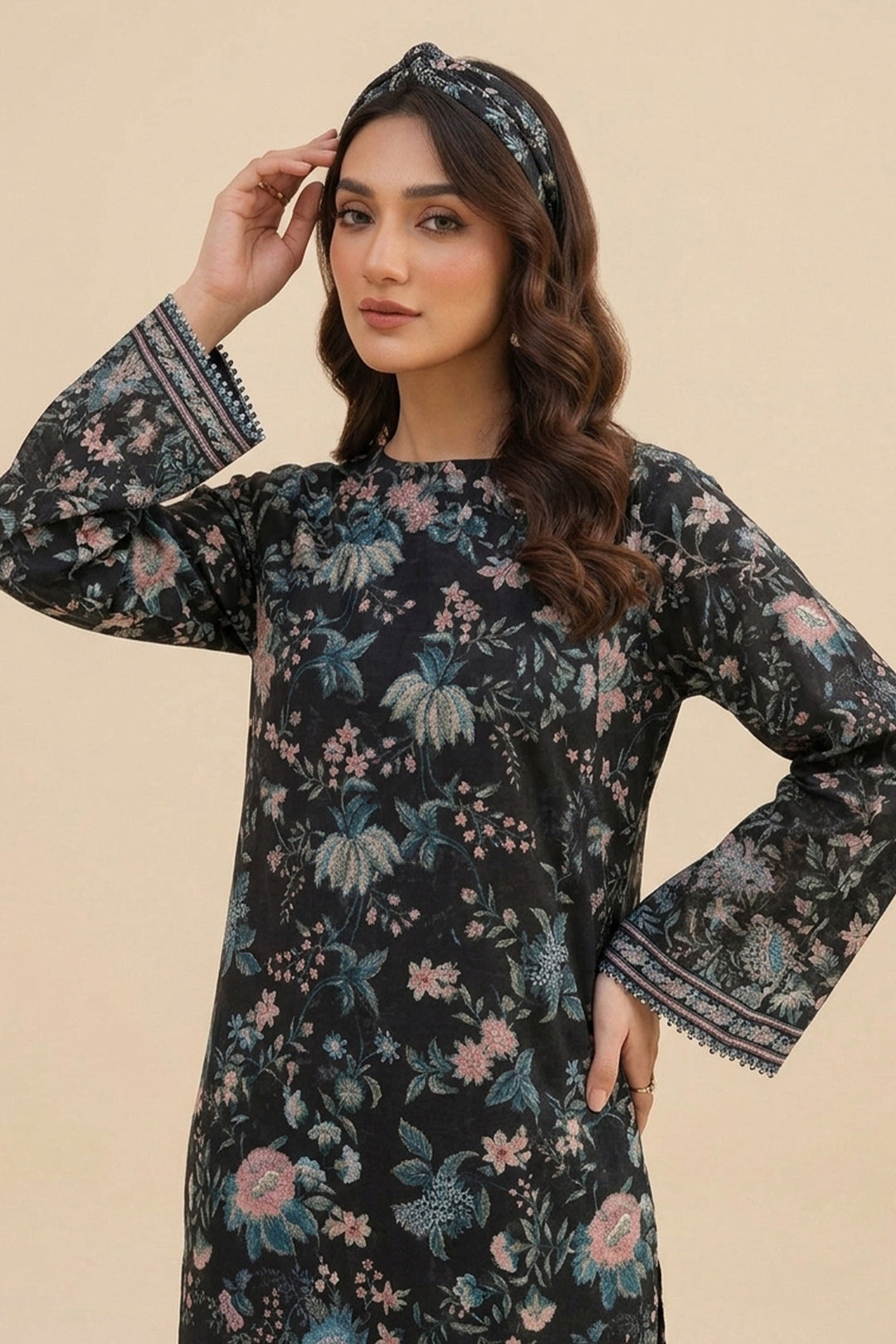 Black 2 Piece Unstitched Printed Cambric Co-Ord Set