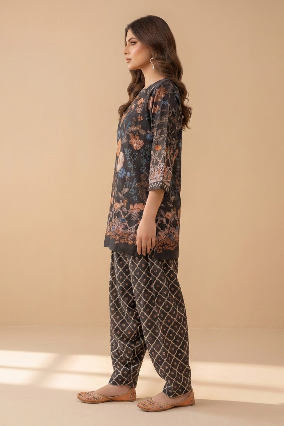 Black 2 Piece Unstitched Printed Cambric Co-Ord Set