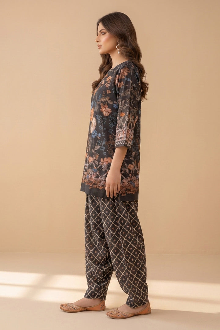 Black 2 Piece Unstitched Printed Cambric Co-Ord Set