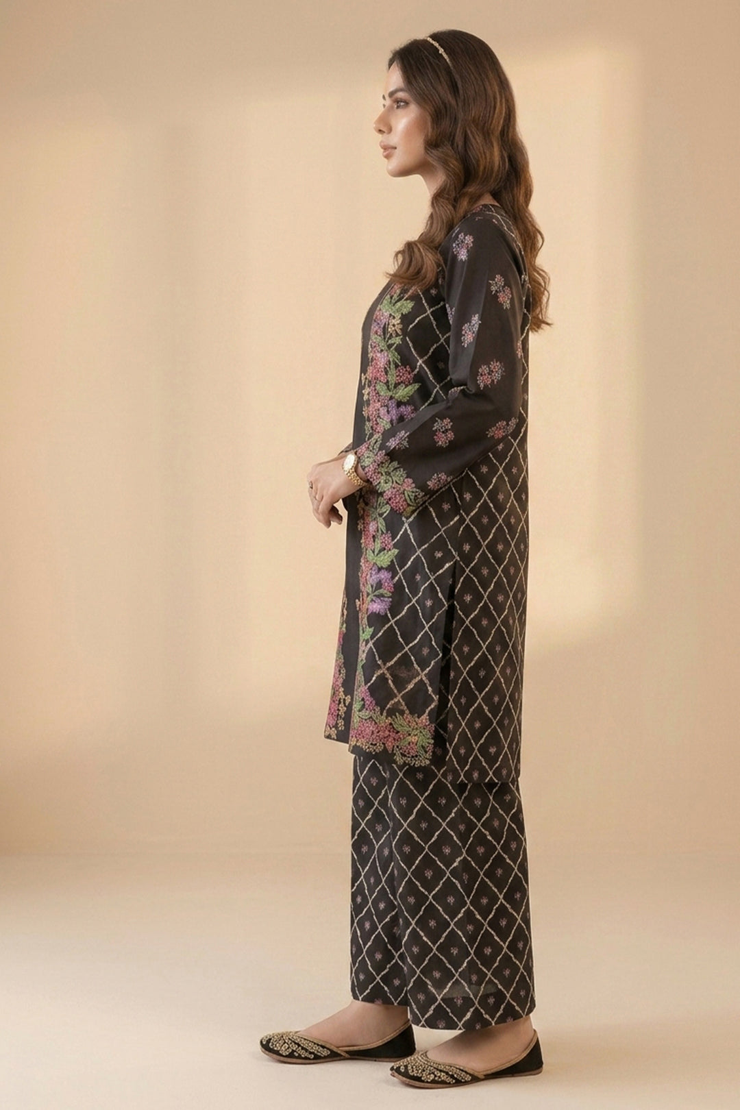 Black 2 Piece Unstitched Printed Cambric Co-Ord Set