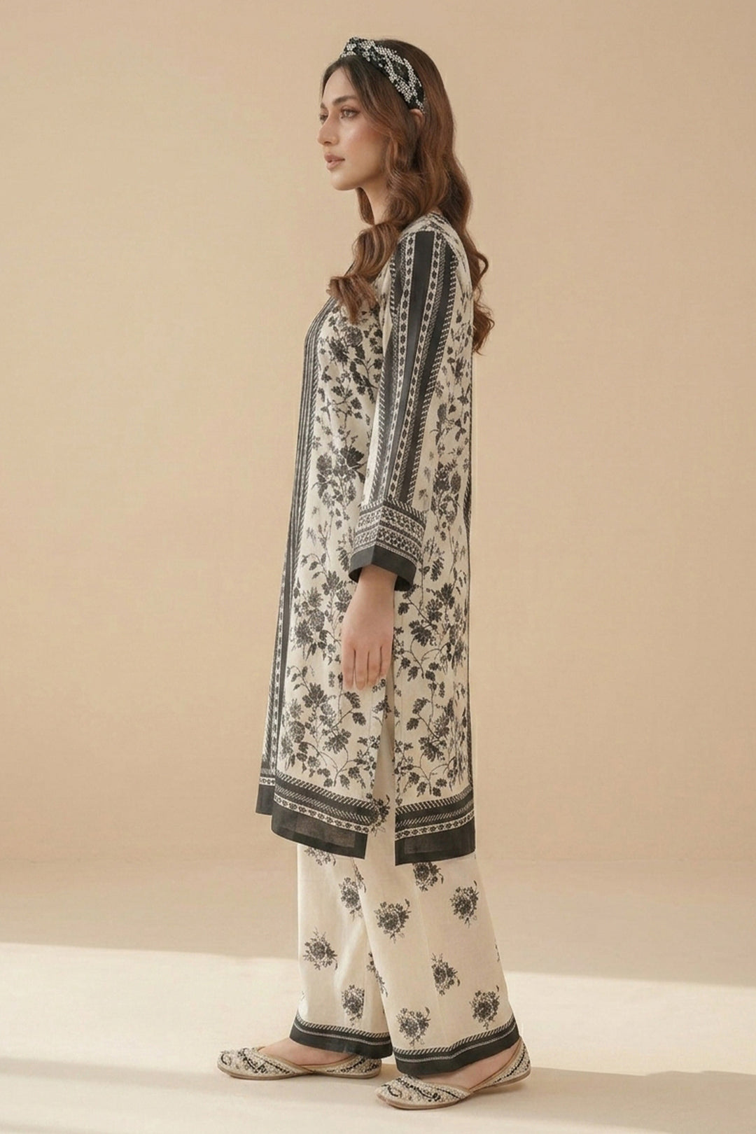Black 2 Piece Unstitched Printed Cambric Co-Ord Set