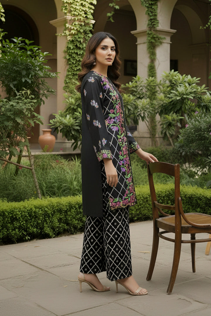 Black 2 Pc Unstitched Printed Cambric Co-Ord Set
