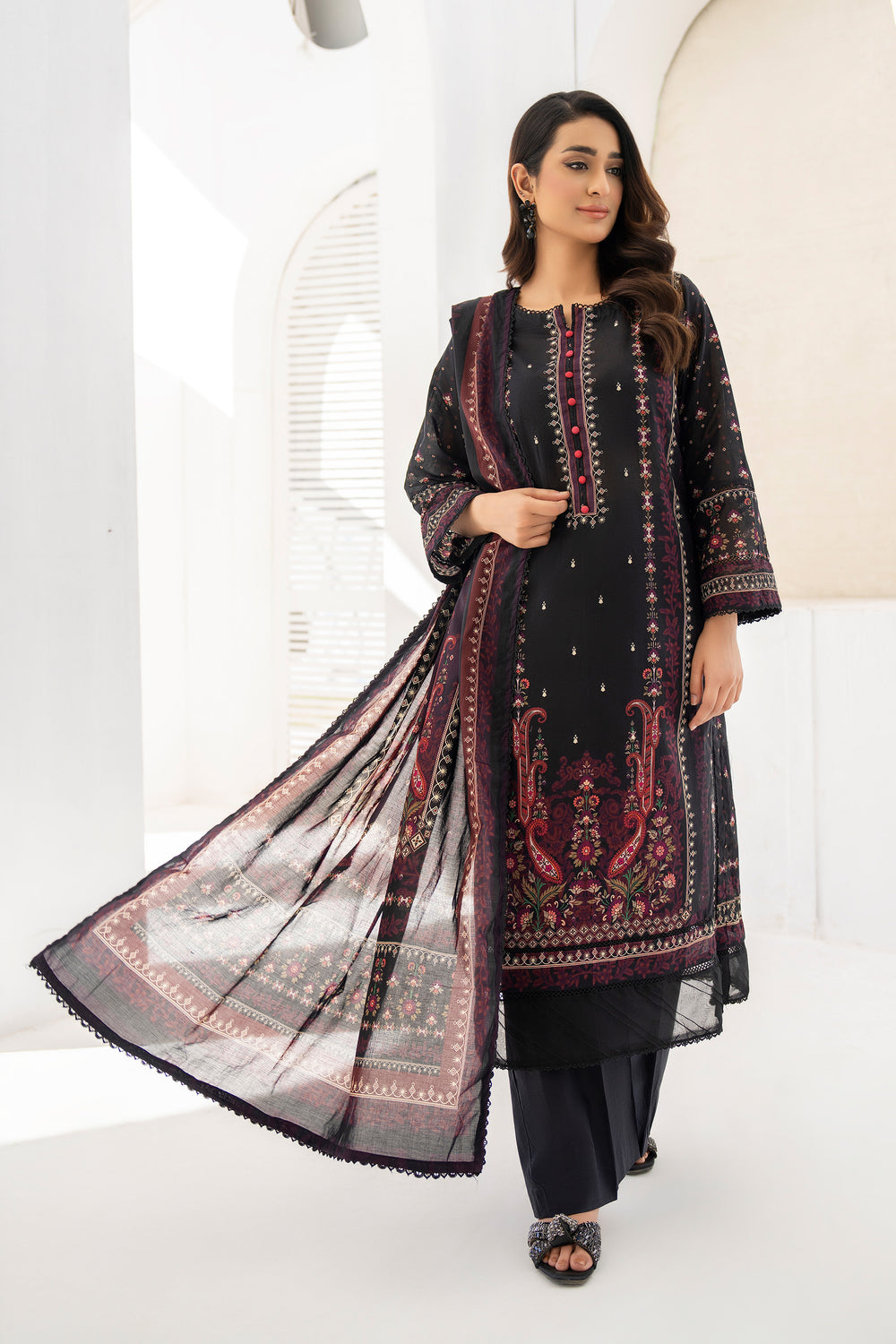 Black 3 Piece Unstitched Premium Lawn - SU25V9-S3 - JACQUARD CLOTHING