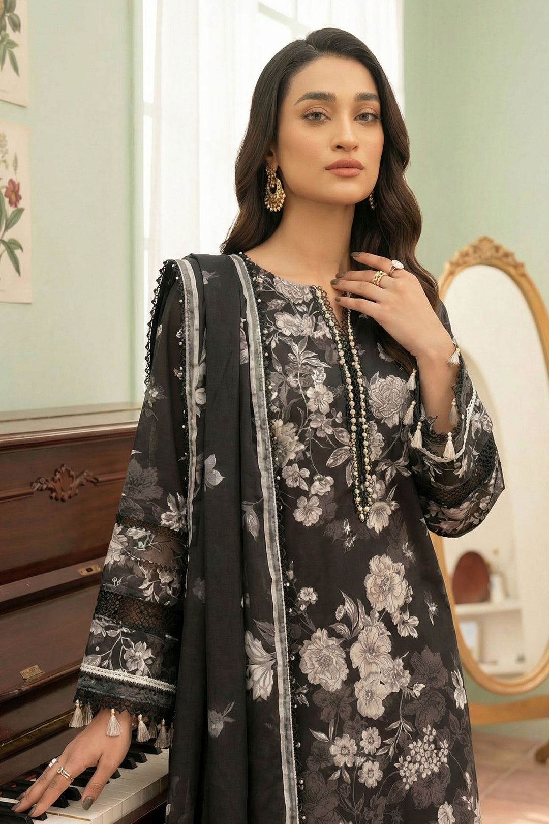 Black 3 Piece Unstitched Premium Printed Lawn