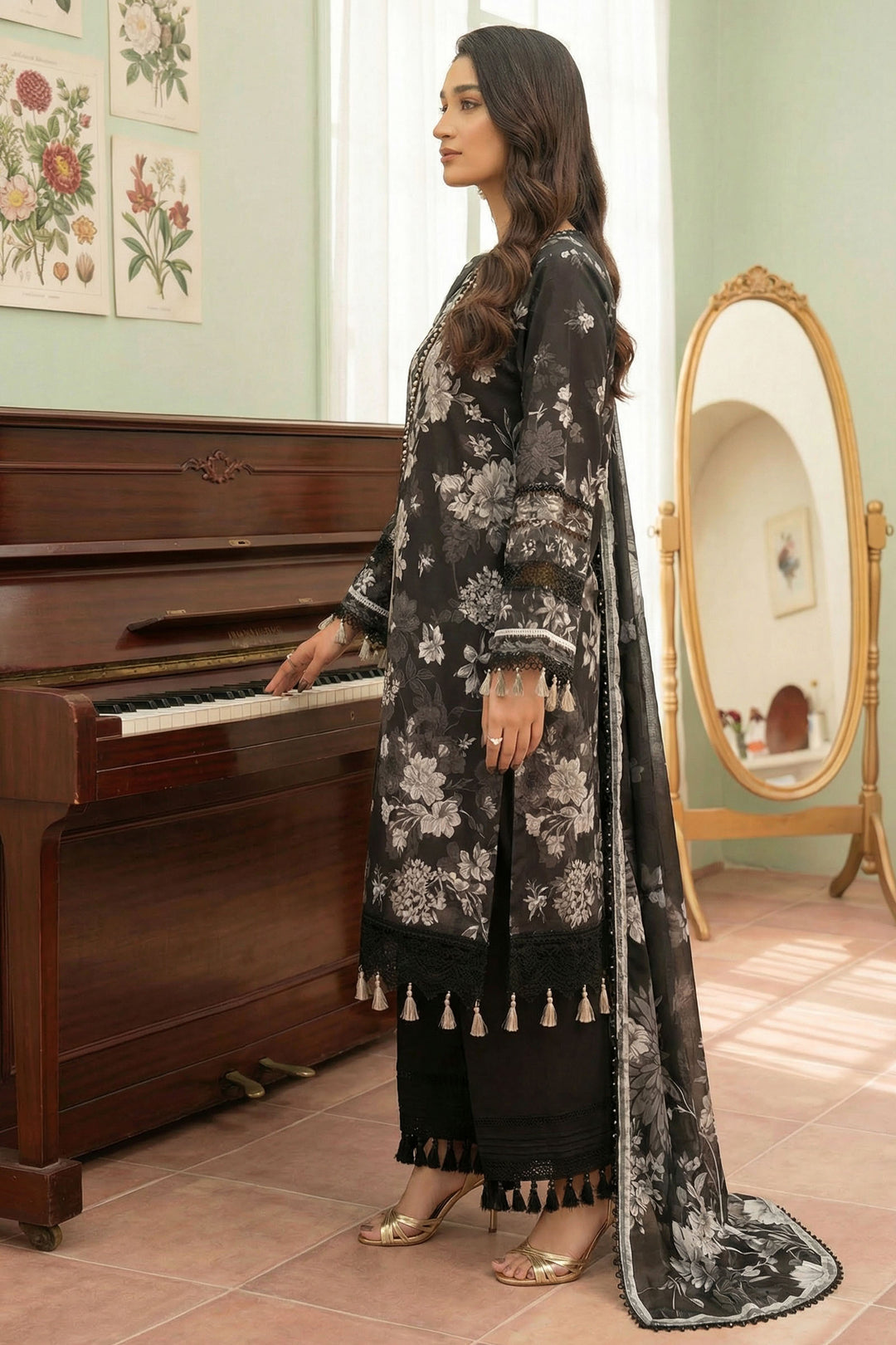 Black 3 Piece Unstitched Premium Printed Lawn