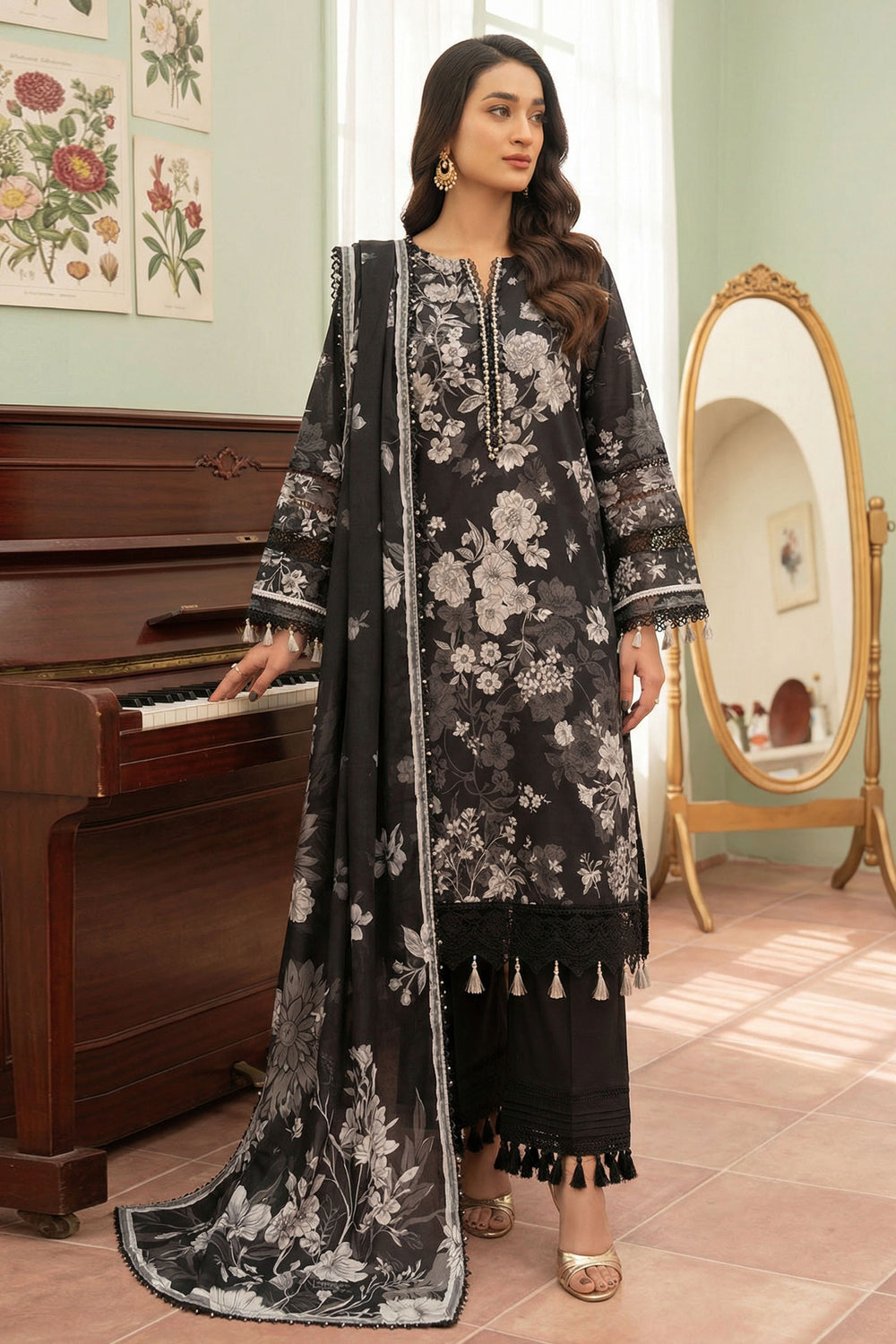 Black 3 Piece Unstitched Premium Printed Lawn