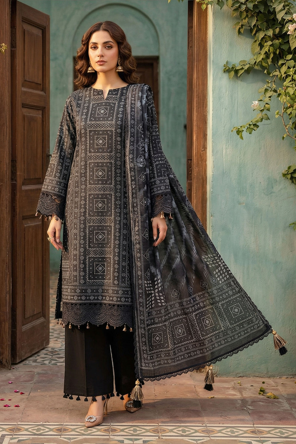 Black 3 Piece Unstitched Premium Printed Lawn