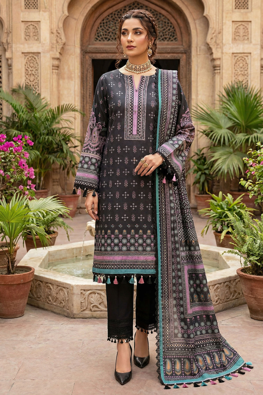 Black 3 Piece Unstitched Premium Printed Lawn Suit By Jacquard Clothing Safa Iman Summer Collection