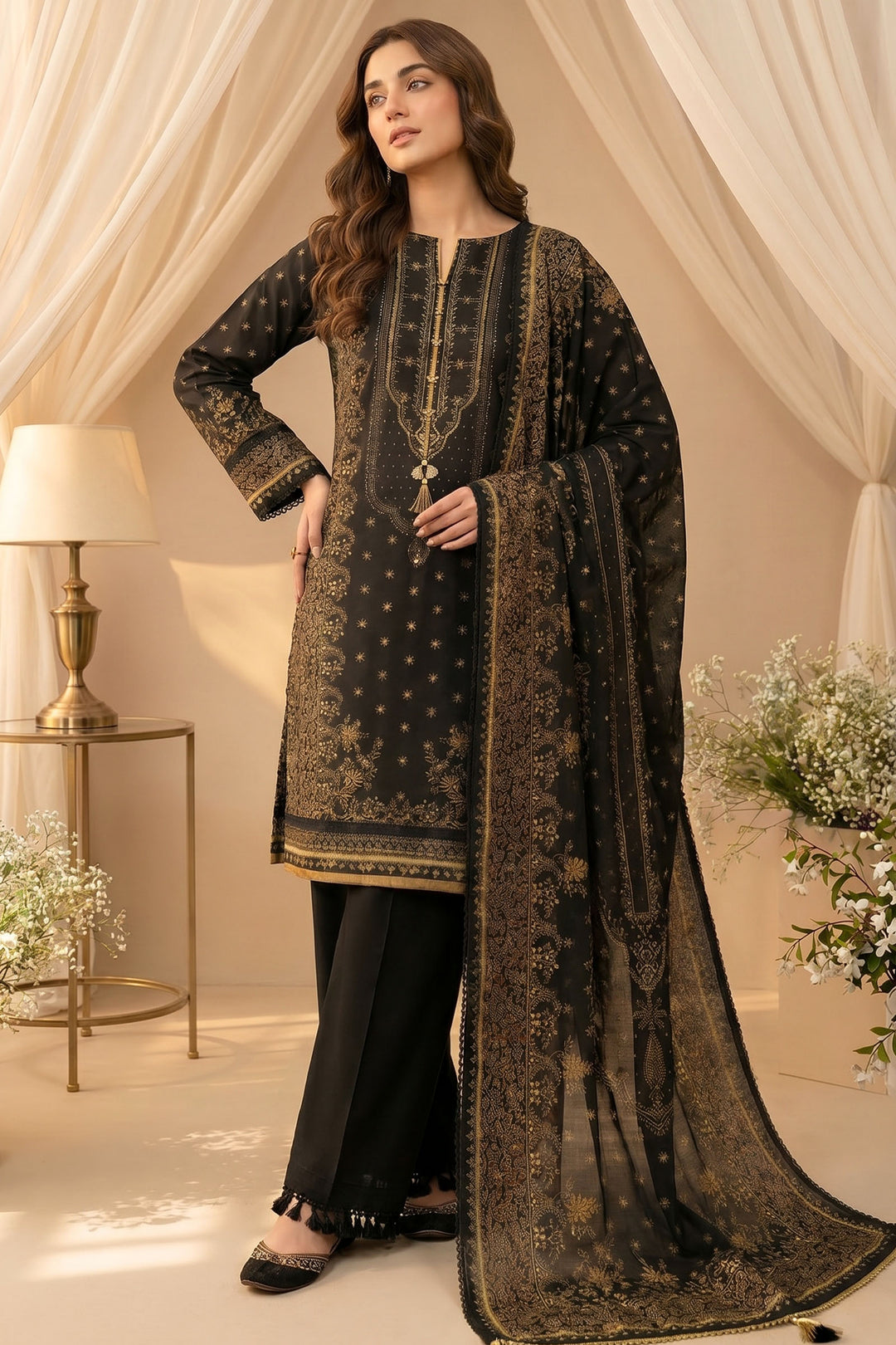 Black 3 Piece Unstitched Premium Printed Lawn Suit By Jacquard Clothing Summer 2026 Hania Manahil Collection