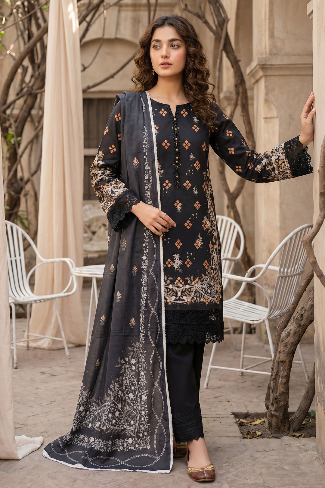 Black 3 Piece Unstitched Premium Printed Lawn Suit By Jacquard Clothing Summer Collection