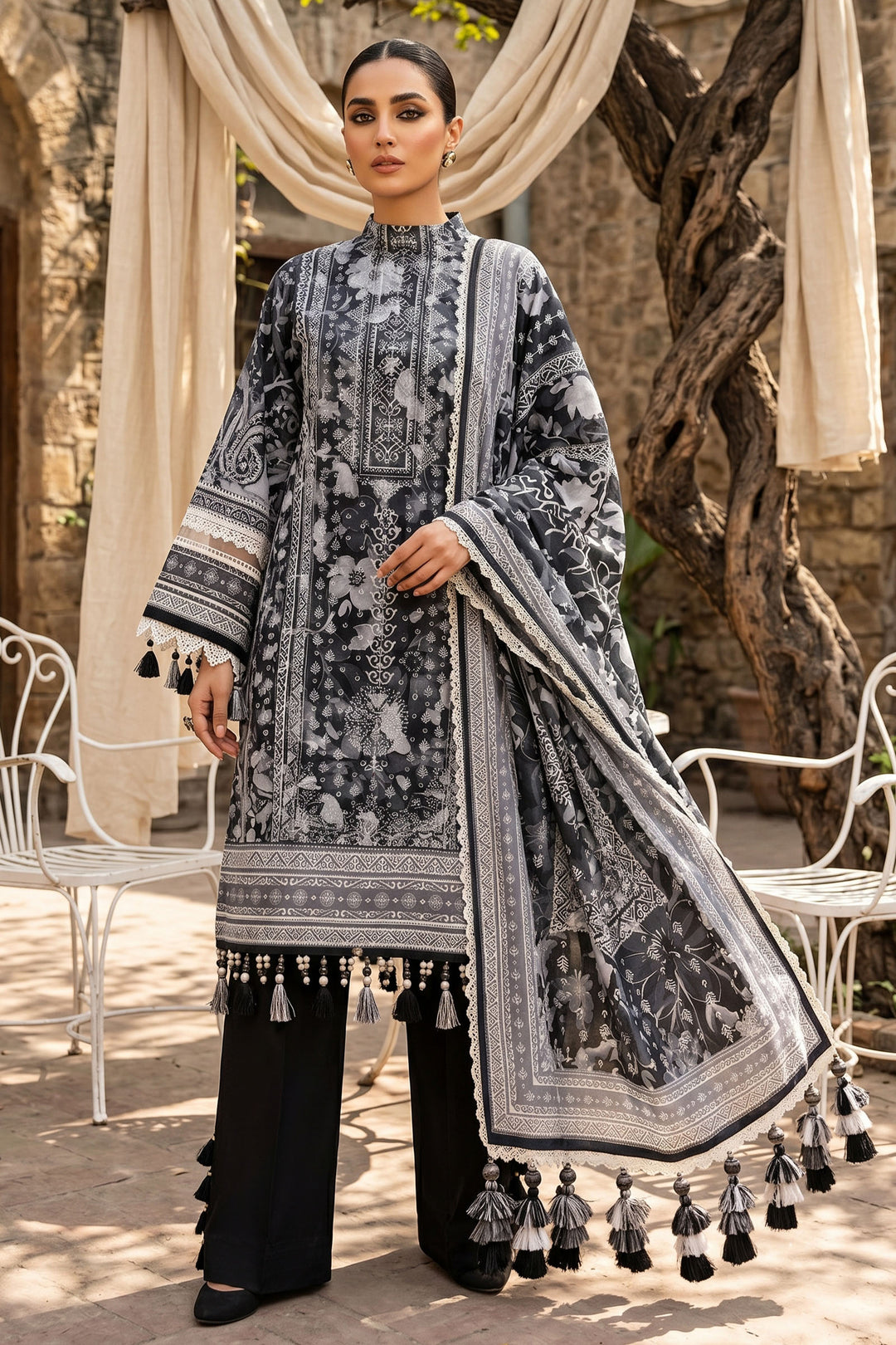 Black 3 Piece Unstitched Premium Printed Lawn Suit By Jacquard Clothing Summer Collection