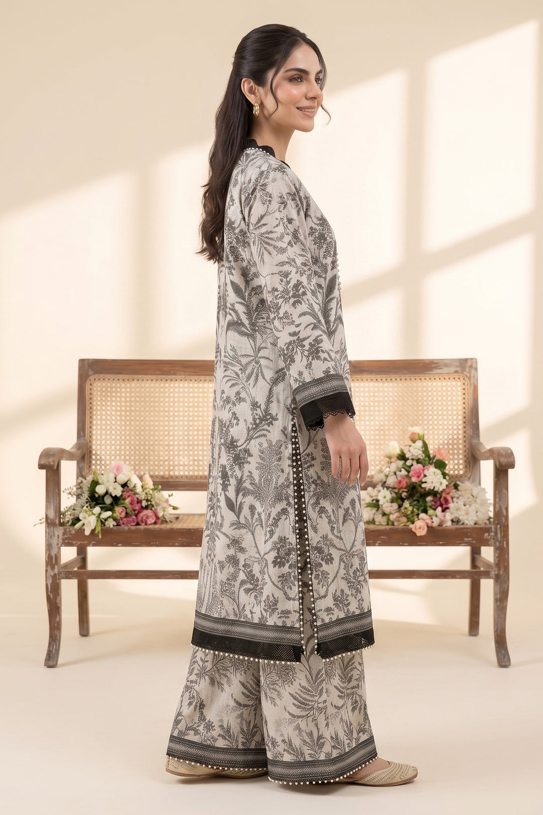 Black and White 2 Piece Unstitched Printed Cambric Co-Ord Set