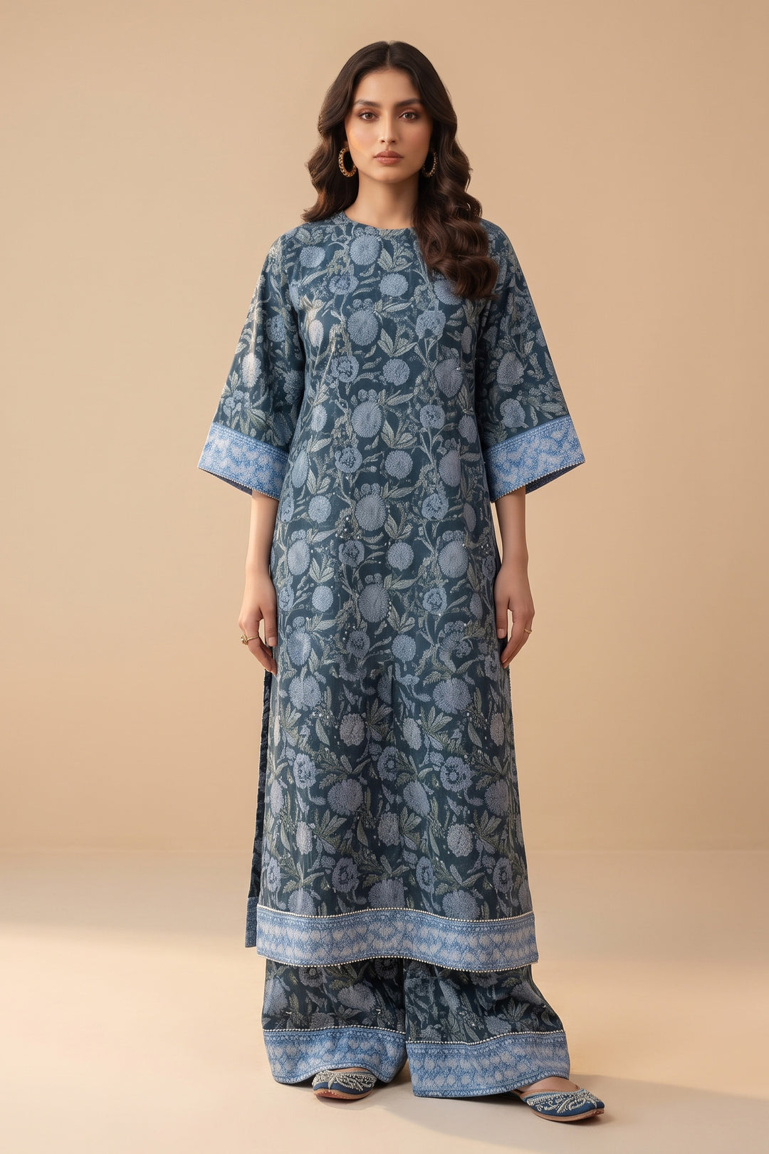Blue 2 Piece Unstitched Printed Cambric Co-Ord Set