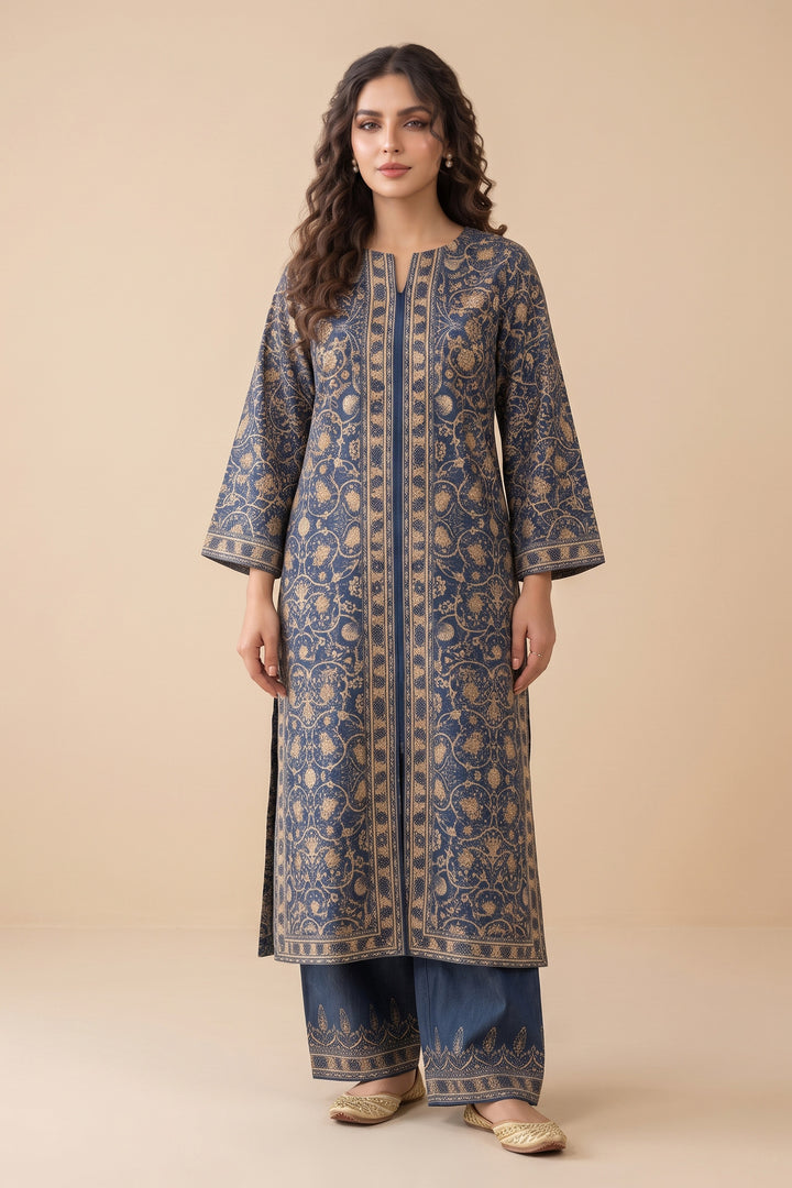 Blue 2 Piece Unstitched Printed Cambric Co-Ord Set