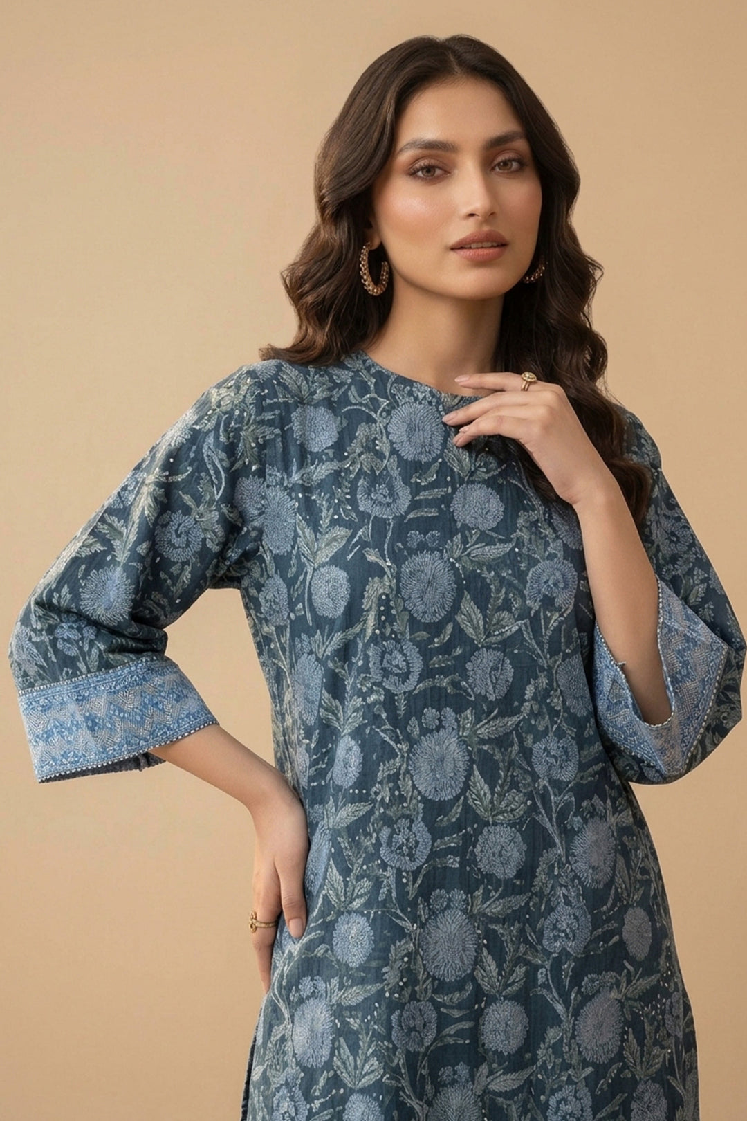 Blue 2 Piece Unstitched Printed Cambric Co-Ord Set