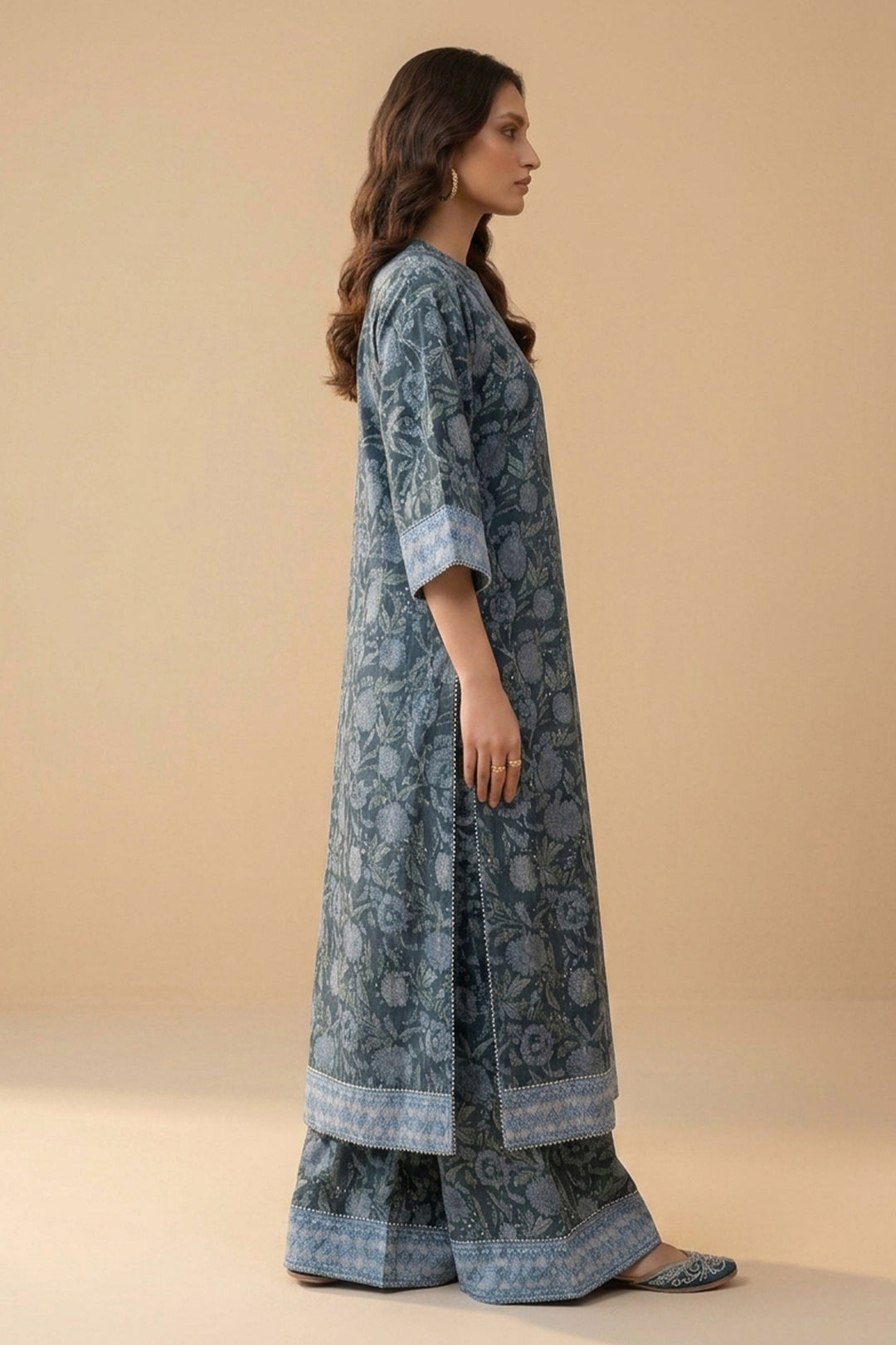 Blue 2 Piece Unstitched Printed Cambric Co-Ord Set
