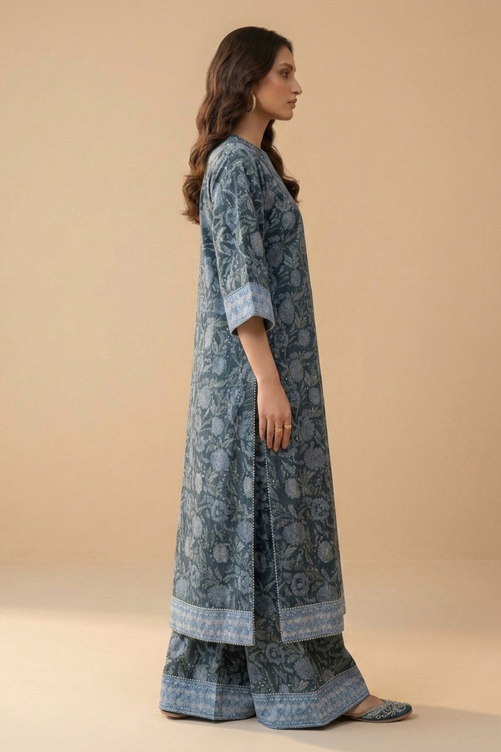 Blue 2 Piece Unstitched Printed Cambric Co-Ord Set