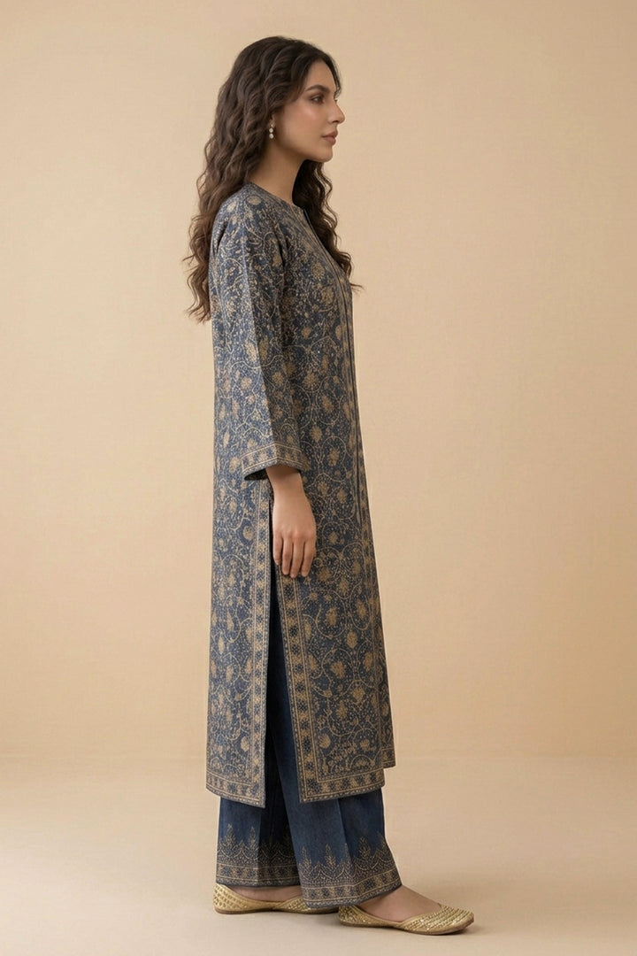 Blue 2 Piece Unstitched Printed Cambric Co-Ord Set