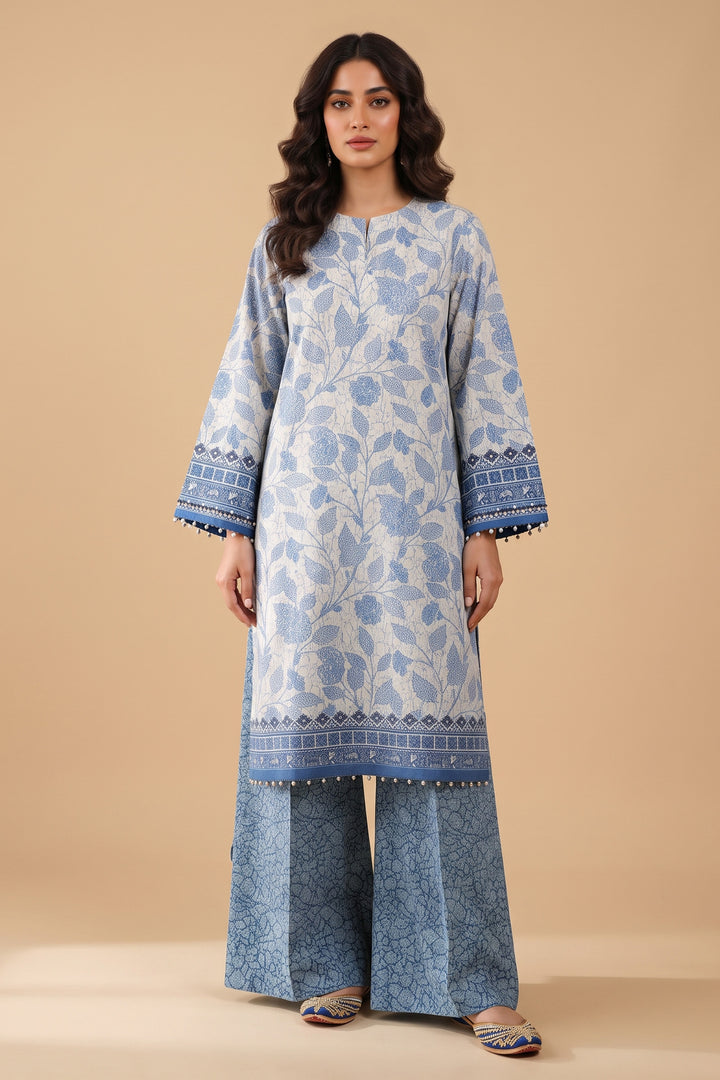 Blue Gray 2 Piece Unstitched Printed Cambric Co-Ord Set