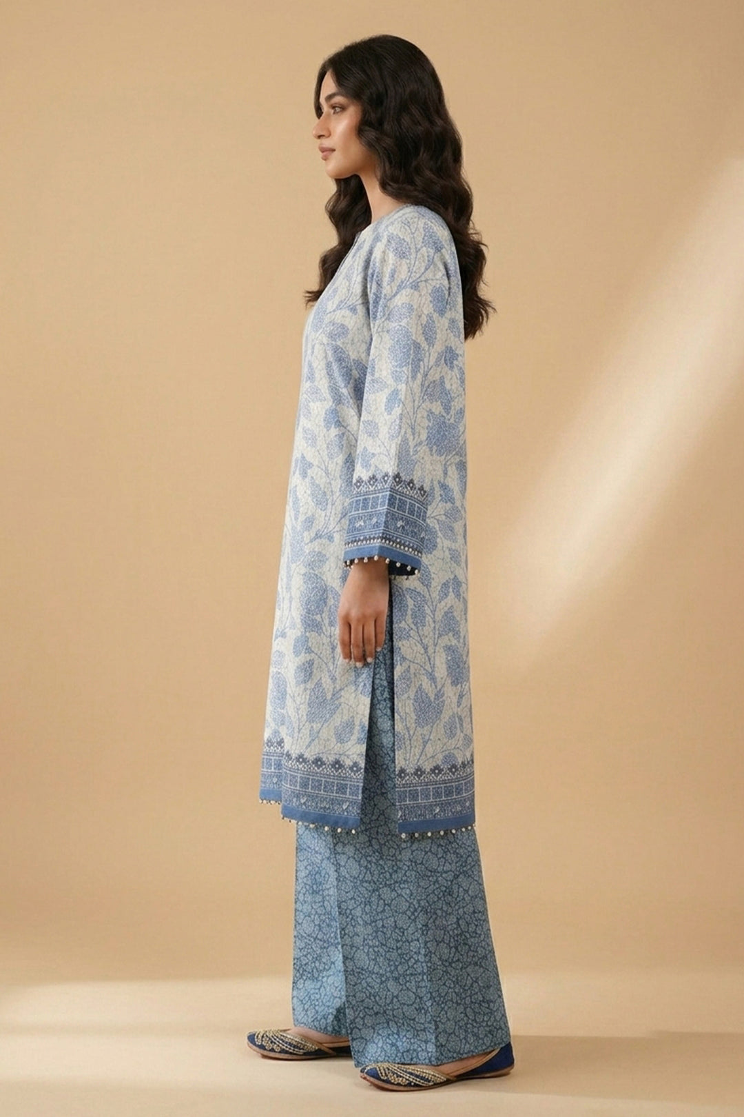 Blue Gray 2 Piece Unstitched Printed Cambric Co-Ord Set