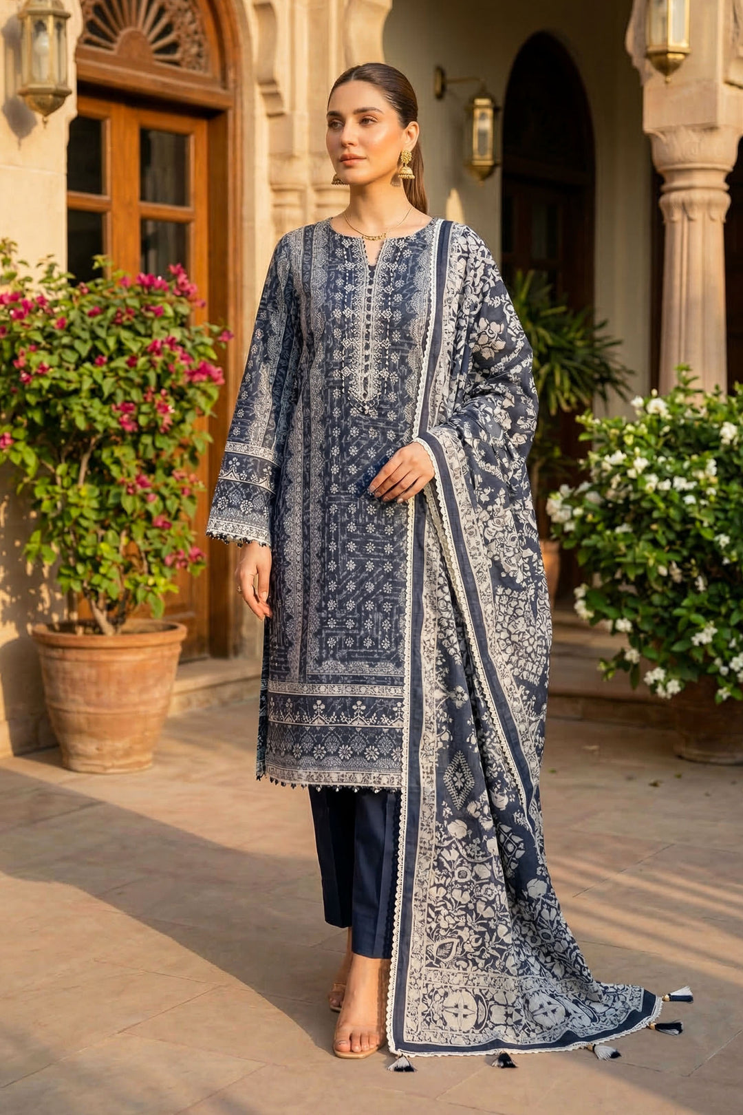 Blue 3 Piece Unstitched Premium Printed Lawn