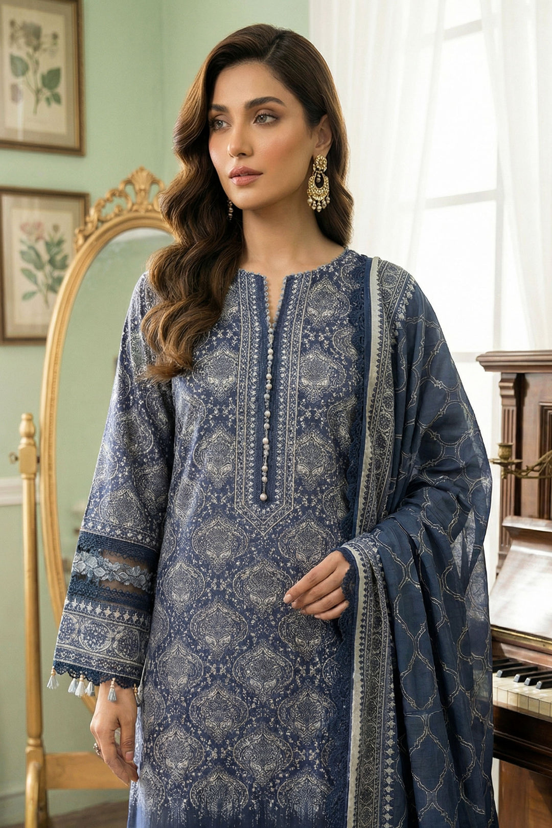 Blue 3 Piece Unstitched Premium Printed Lawn