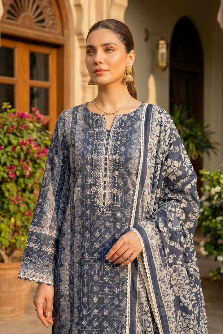 Blue 3 Piece Unstitched Premium Printed Lawn