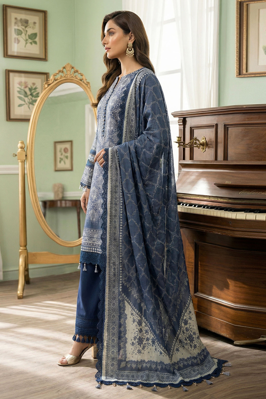 Blue 3 Piece Unstitched Premium Printed Lawn