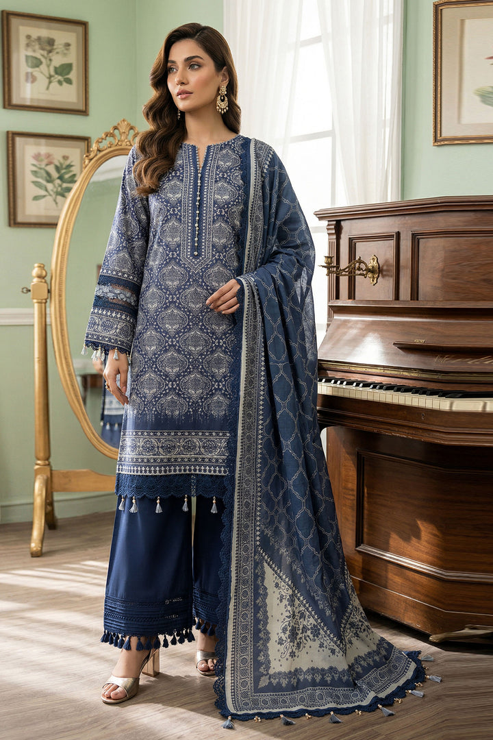 Blue 3 Piece Unstitched Premium Printed Lawn