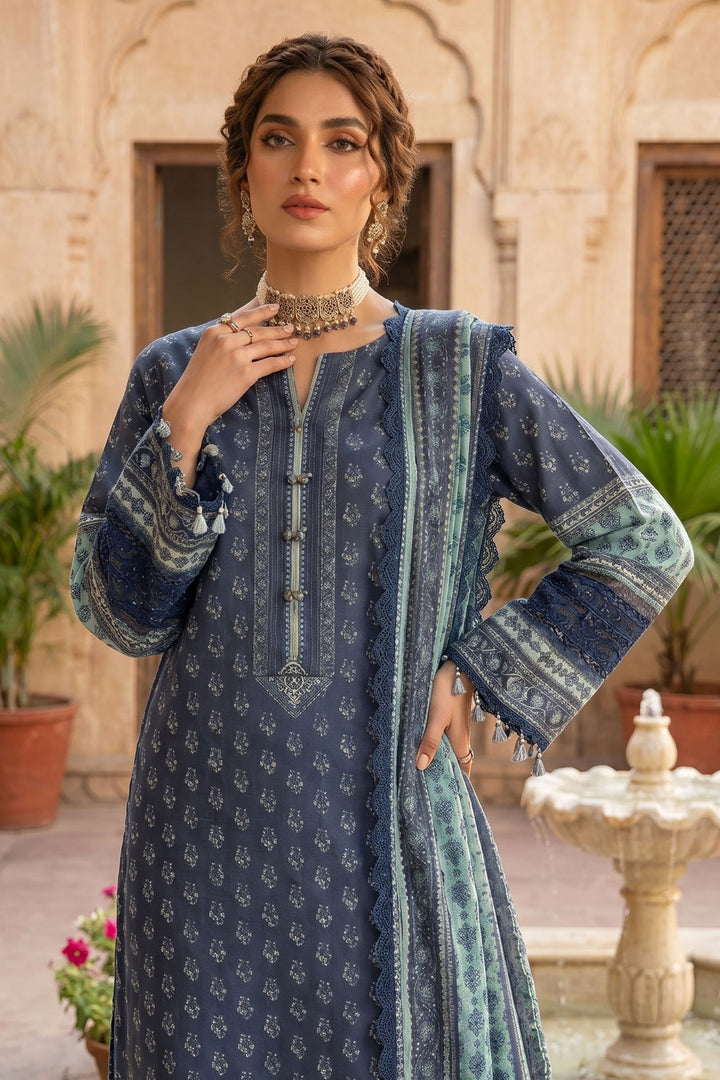 Blue 3 Piece Unstitched Premium Printed Lawn Suit By Jacquard Clothing Safa Iman Summer Collection