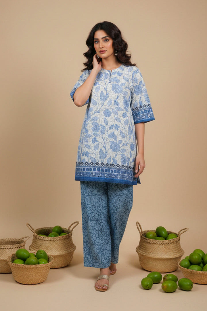 Blue Gray 2 Pc Unstitched Printed Cambric Co-Ord Set