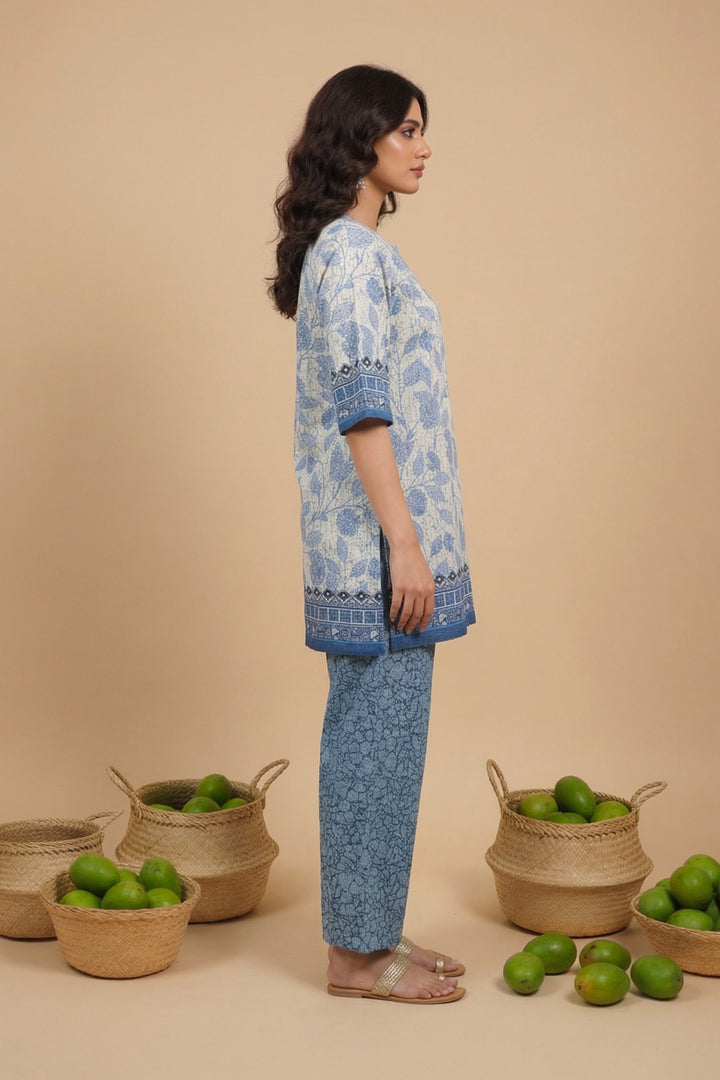 Blue Gray 2 Pc Unstitched Printed Cambric Co-Ord Set