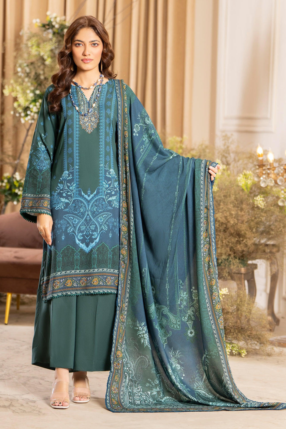 Bottle Green 3 Piece Unstitched Linen - Jacquard Clothing