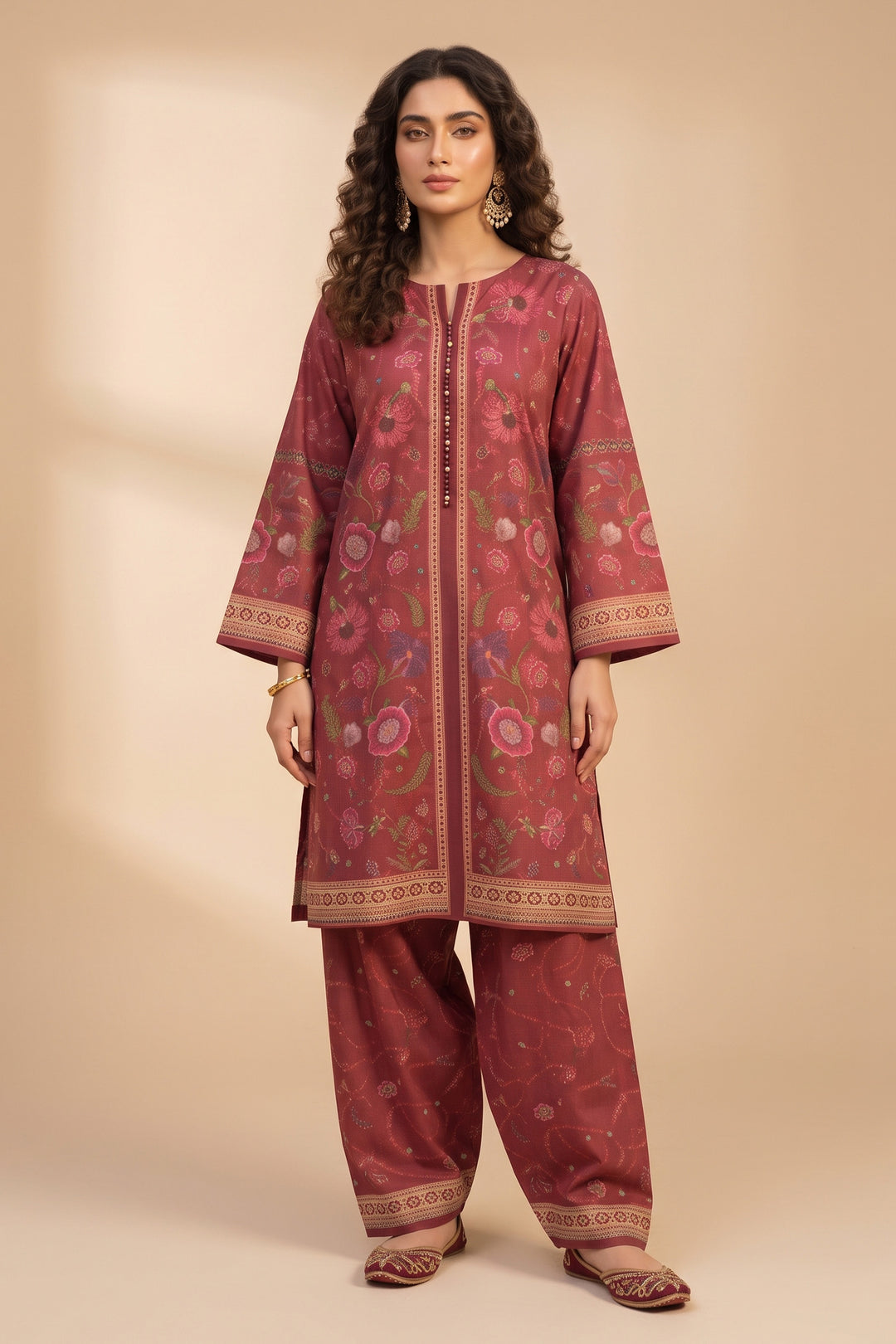 Brick Red 2 Piece Unstitched Printed Cambric Co-Ord Set