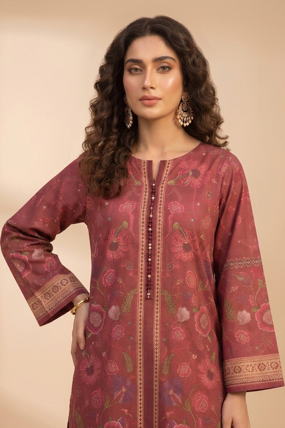 Brick Red 2 Piece Unstitched Printed Cambric Co-Ord Set