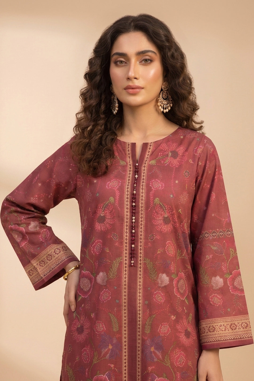 Brick Red 2 Piece Unstitched Printed Cambric Co-Ord Set