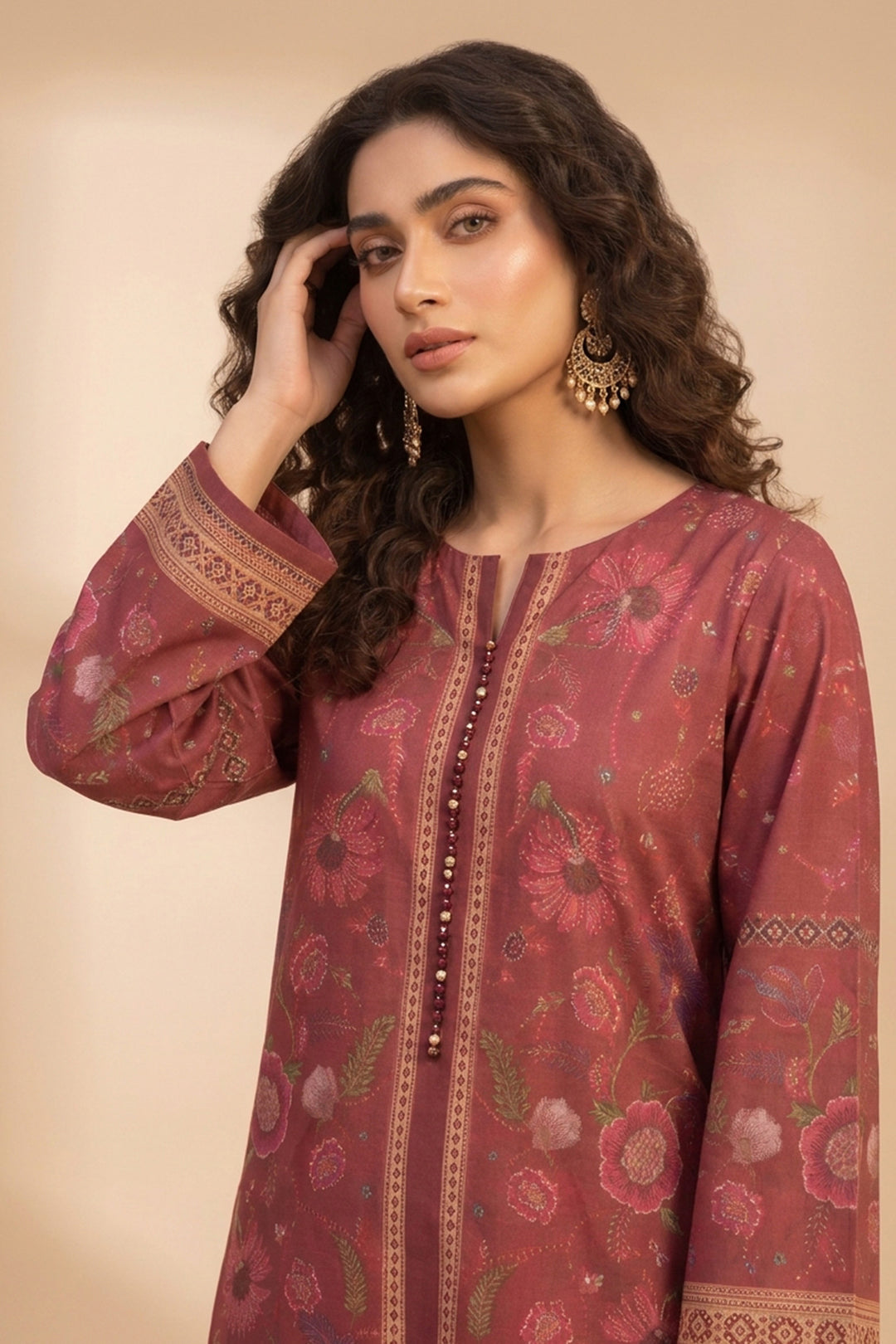 Brick Red 2 Piece Unstitched Printed Cambric Co-Ord Set