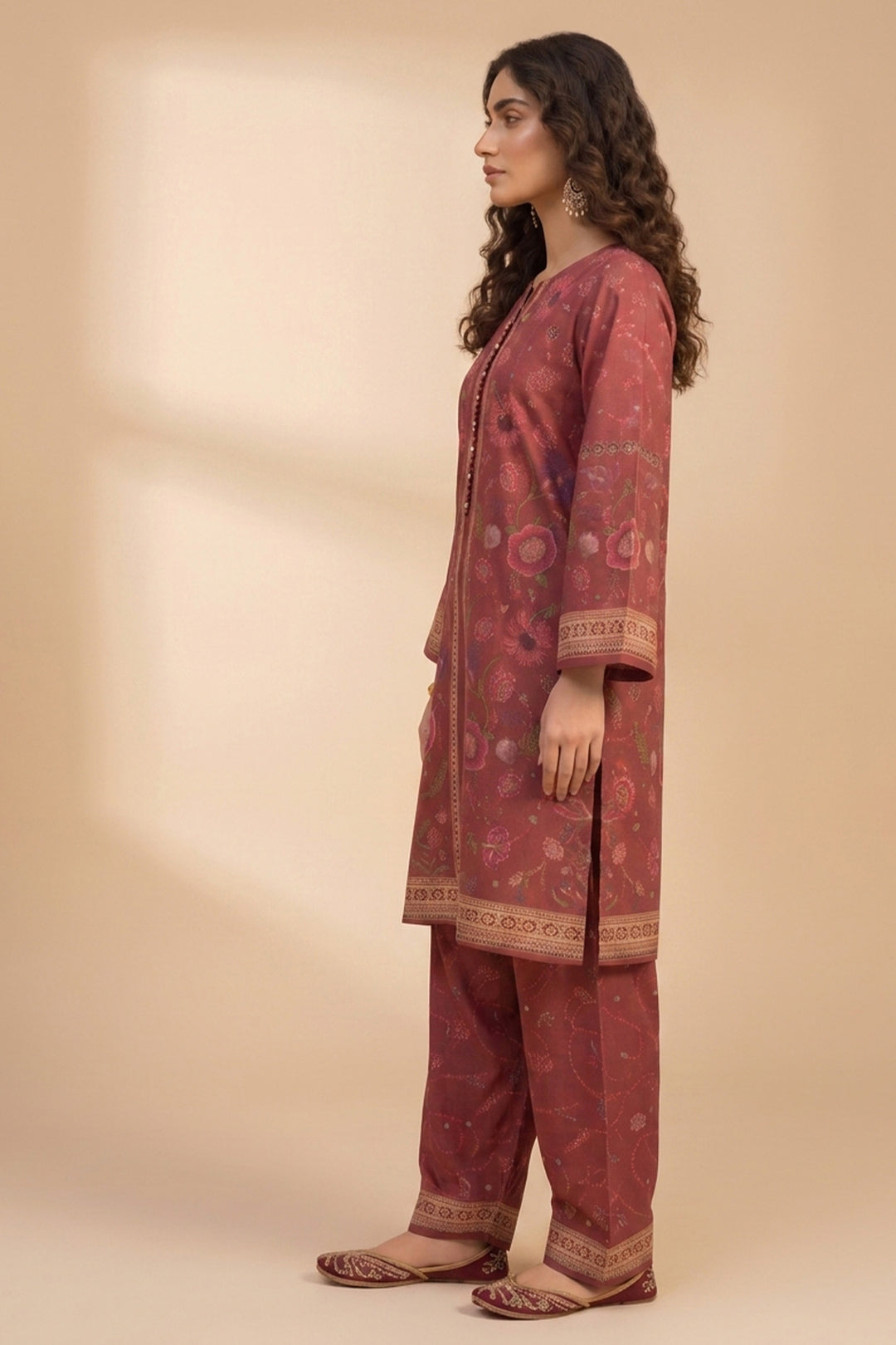 Brick Red 2 Piece Unstitched Printed Cambric Co-Ord Set