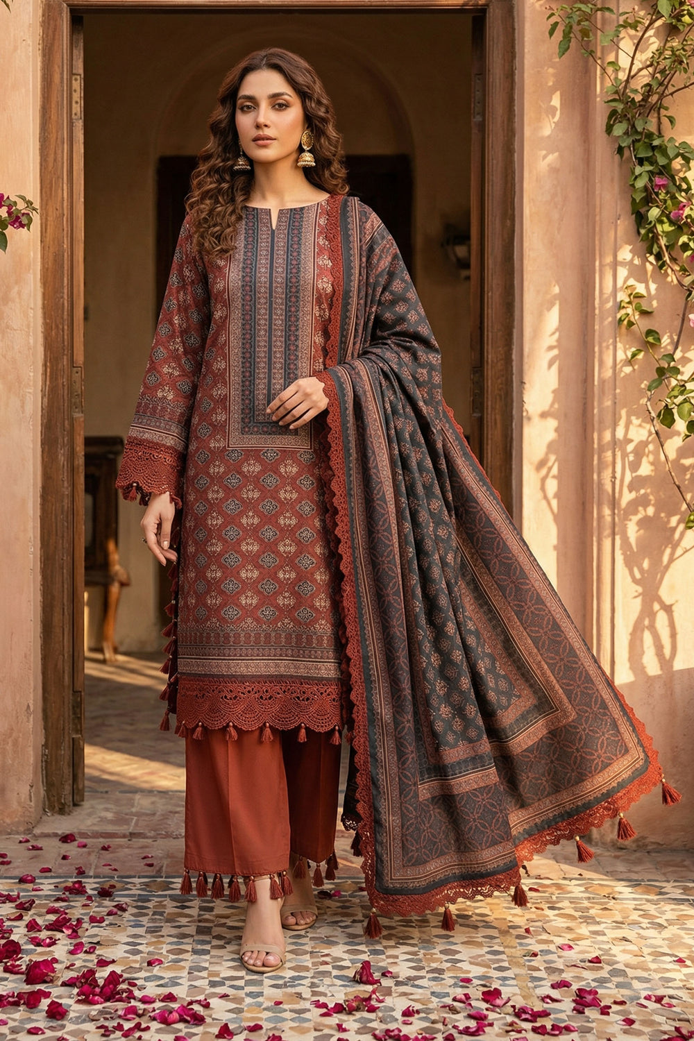 Brick Red 3 Piece Unstitched Premium Printed Lawn