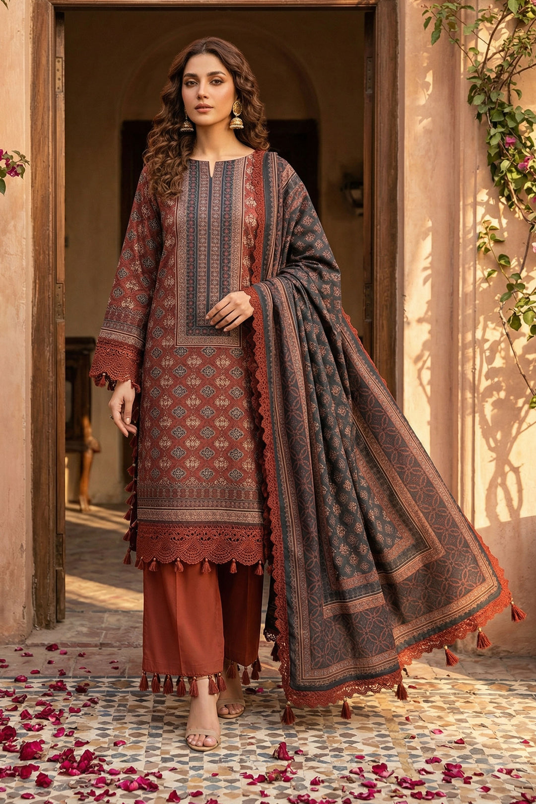 Brick Red 3 Piece Unstitched Premium Printed Lawn