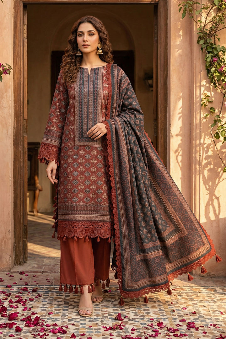 Brick Red 3 Piece Unstitched Premium Printed Lawn