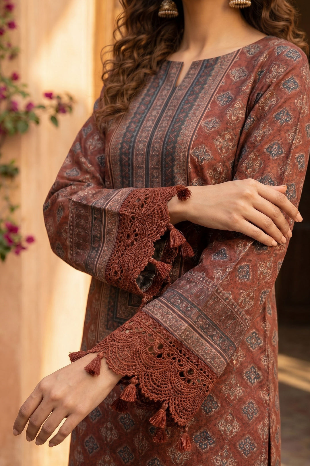 Brick Red 3 Piece Unstitched Premium Printed Lawn