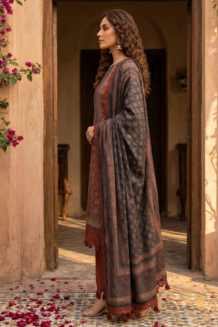 Brick Red 3 Piece Unstitched Premium Printed Lawn