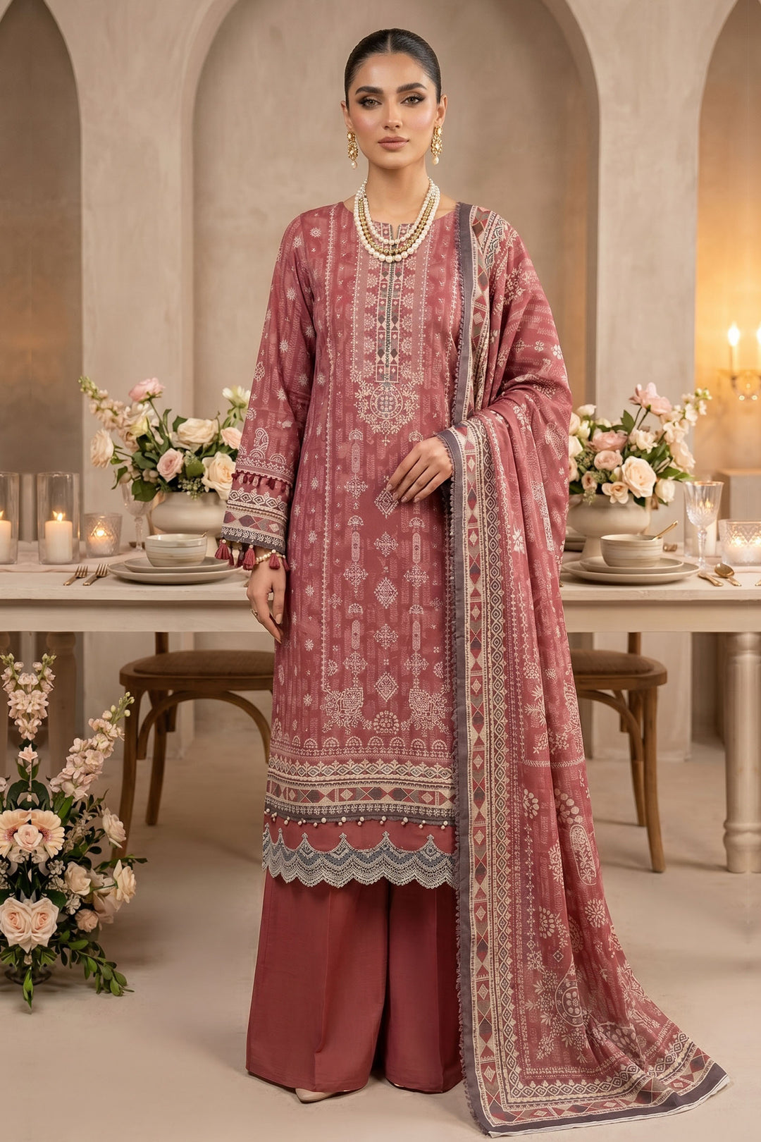 Brick Red 3 Piece Unstitched Premium Printed Lawn Suit By Jacquard Clothing Summer Collection 2026
