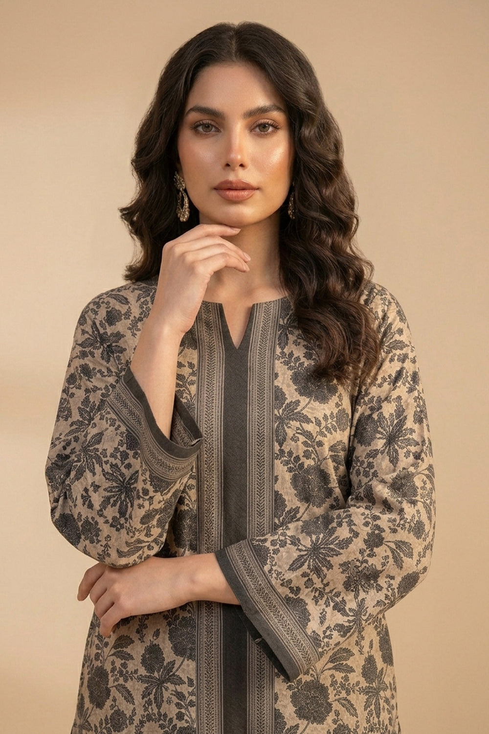 Brown 2 Piece Unstitched Printed Cambric Co-Ord Set