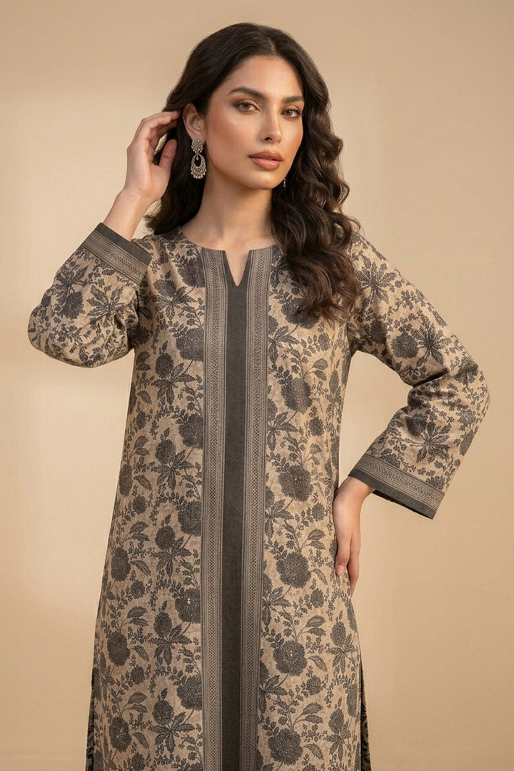 Brown 2 Piece Unstitched Printed Cambric Co-Ord Set