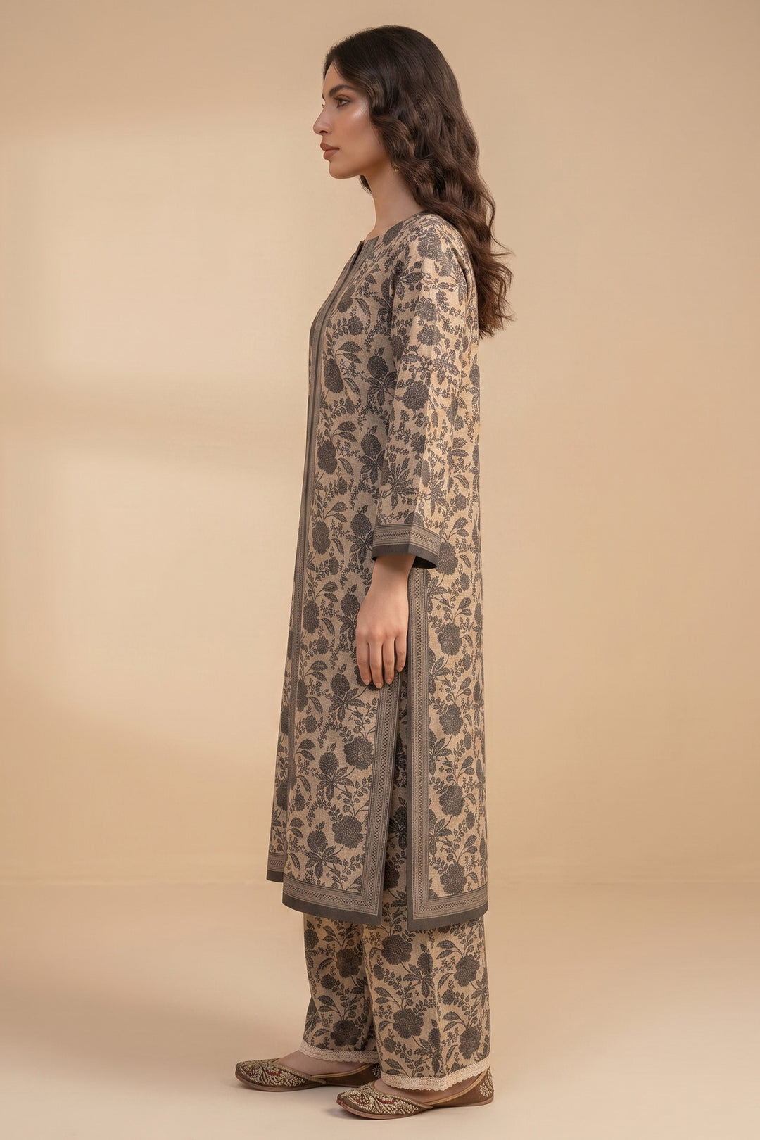 Brown 2 Piece Unstitched Printed Cambric Co-Ord Set