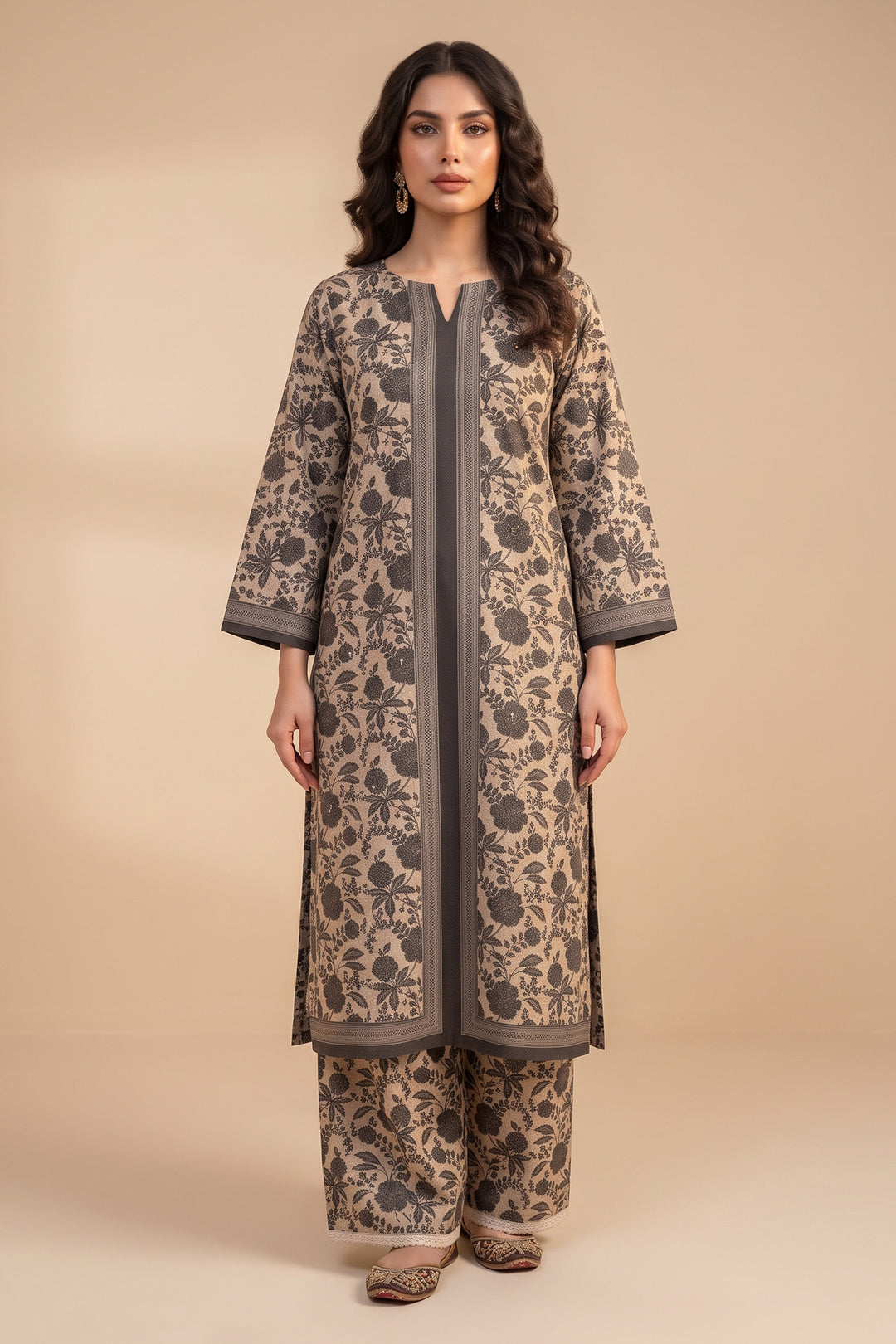 Brown 2 Piece Unstitched Printed Cambric Co-Ord Set