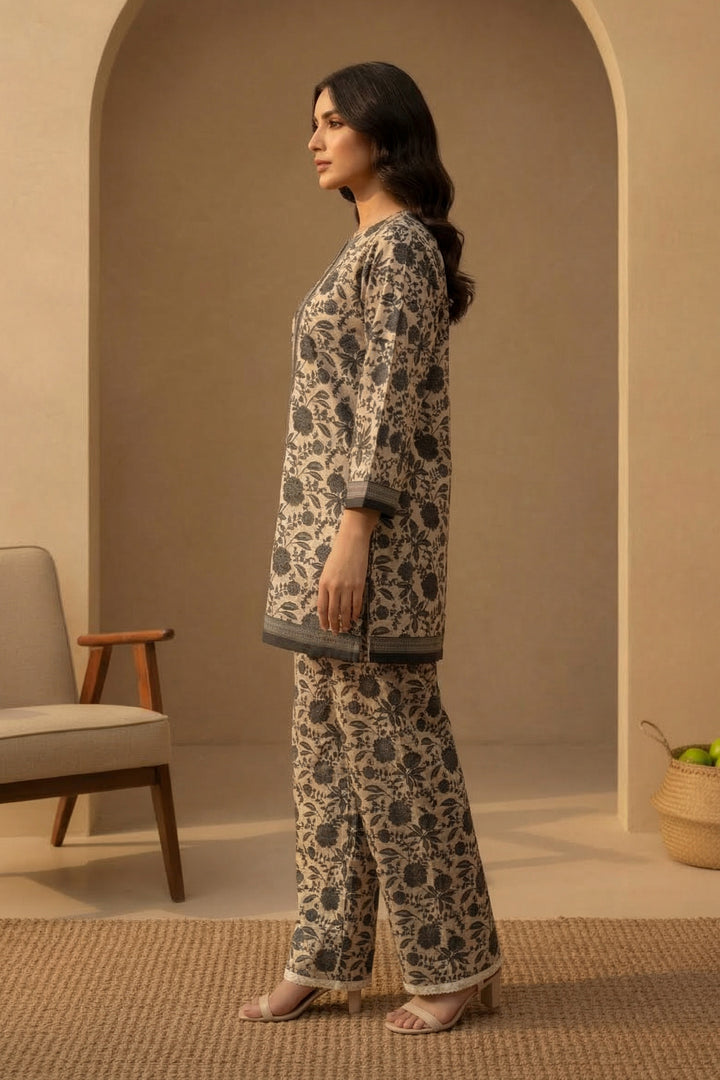 Brown 2 Pc Unstitched Printed Cambric Co-Ord Set