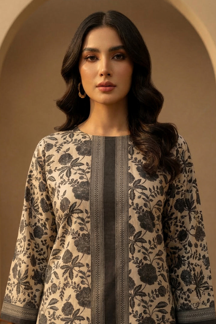 Brown 2 Pc Unstitched Printed Cambric Co-Ord Set